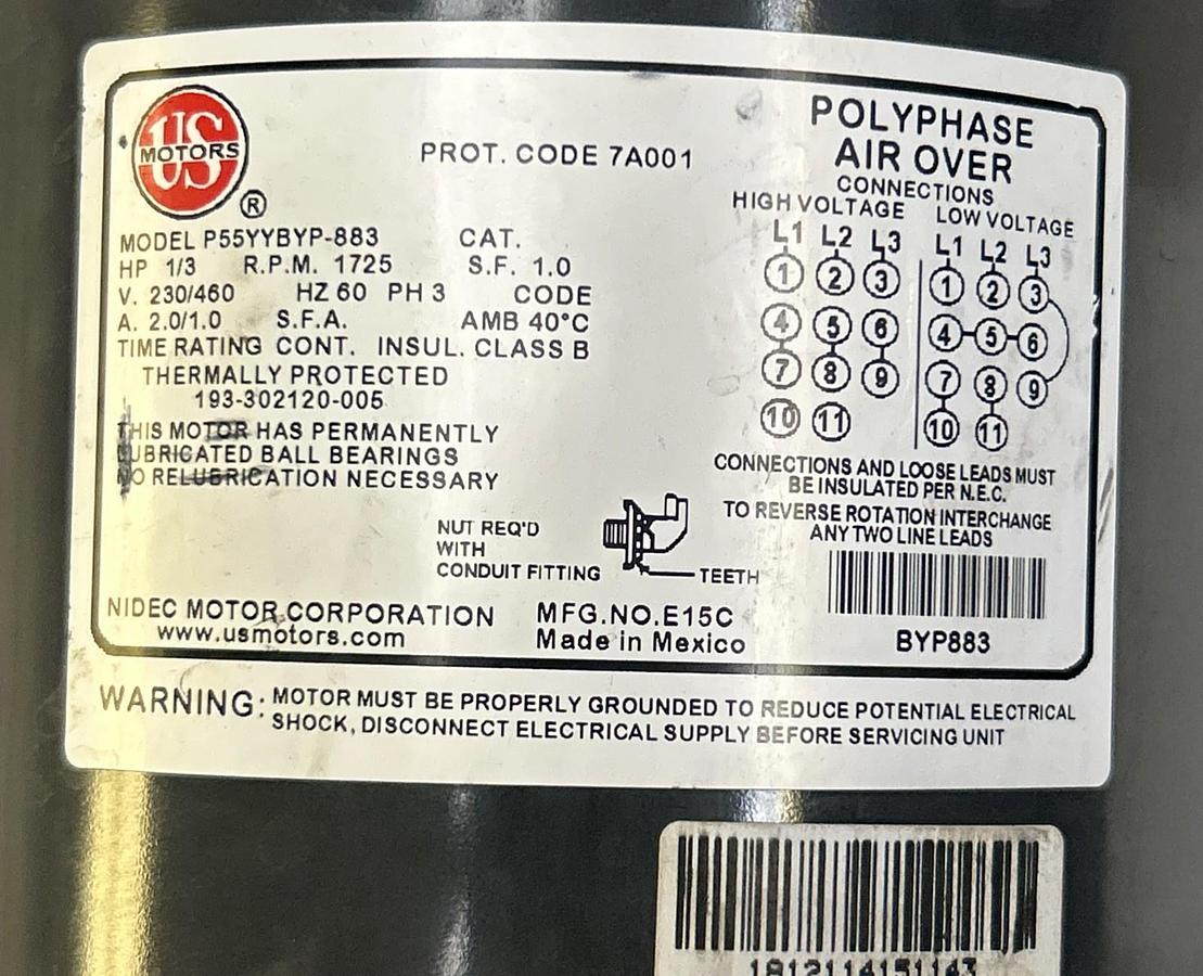 Used US MOTORS,P55YYBYP-883,MOTOR 1/3HP 1725RPM 230/460V 3PH