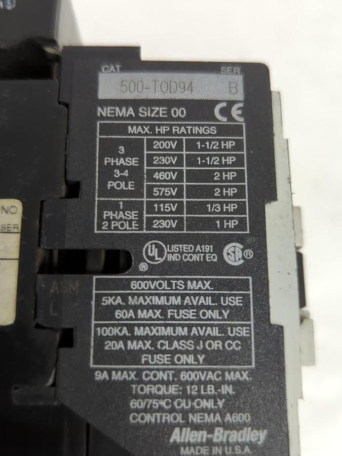 Used ALLEN BRADLEY,500-T-OD94,REVERSING STARTER SIZE 00 PRE-OWNED