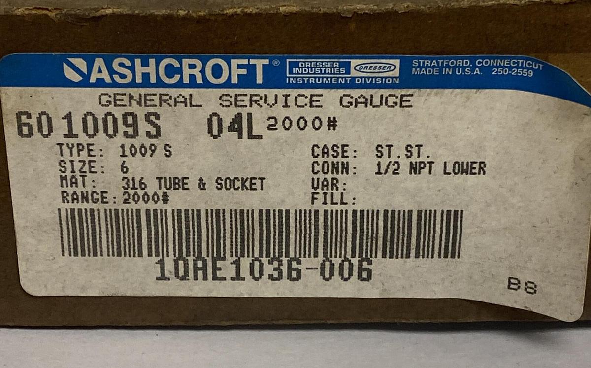 Ashcroft,601009S 04L,General Service Gauge NOS