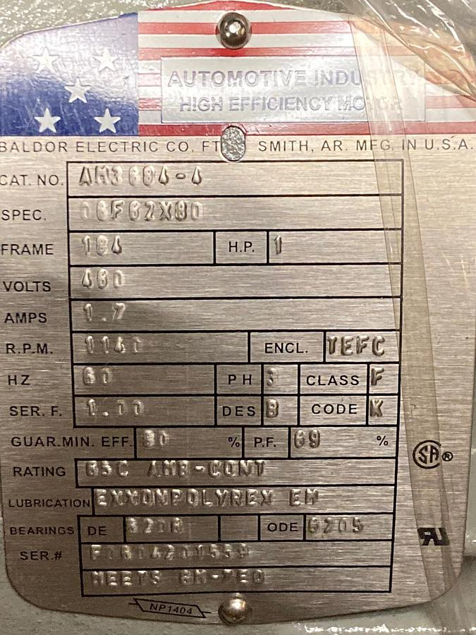 Baldor,AM3684-4,1 HP Motor 1140 RPM  460 Volts 184 Frame
