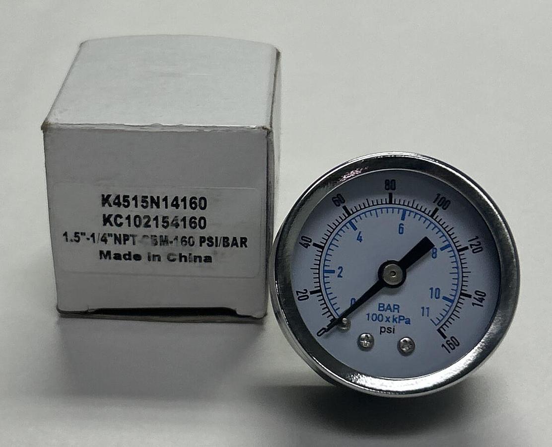 Used PARKER,K4515N14160,PRESSURE GAUGE 1.5 INCH DIAL 1/4 INCH NPT PORT NEW