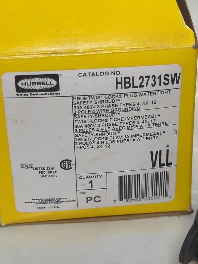 HUBBELL,HBL2731SW,SAFETY-SHROUD TWIST-LOCK WATERTIGHT PLUG 30A 480V NOS