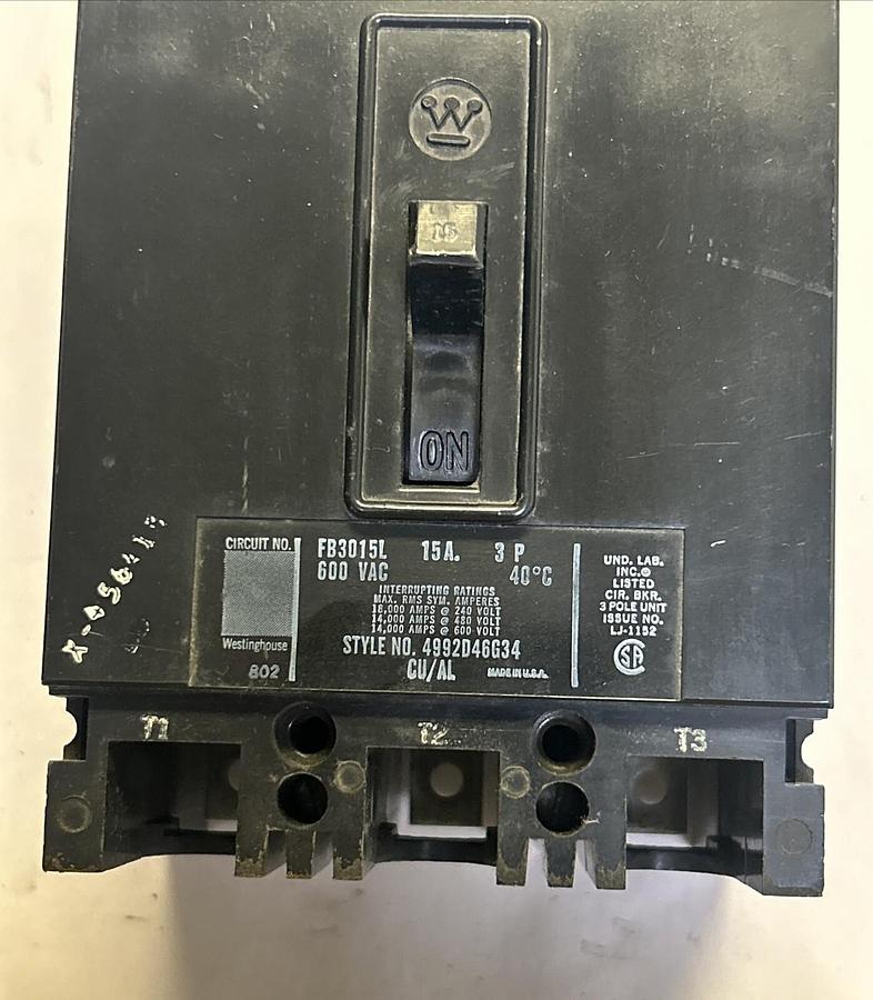 Used WESTINGHOUSE,FB3015L,CIRCUIT BREAKER 15A 600V 3P