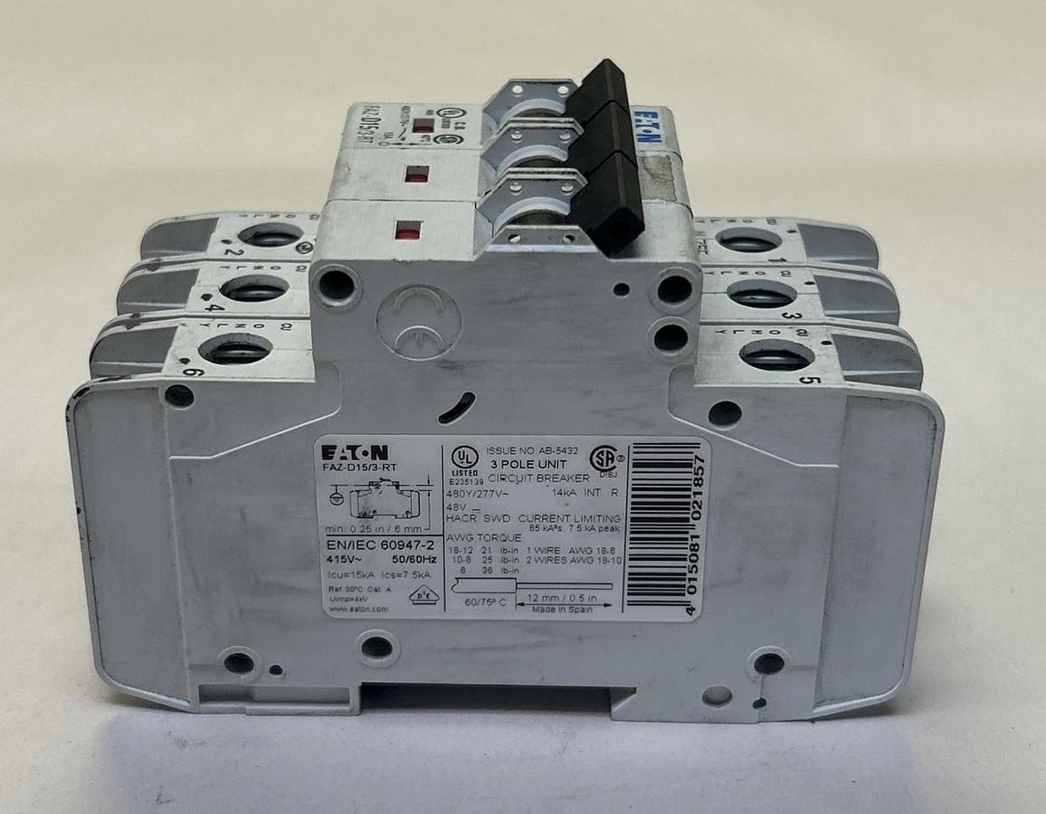 Used EATON,FAZ-D15/3RT,CIRCUIT BREAKER 15A 480Y/277V 3P