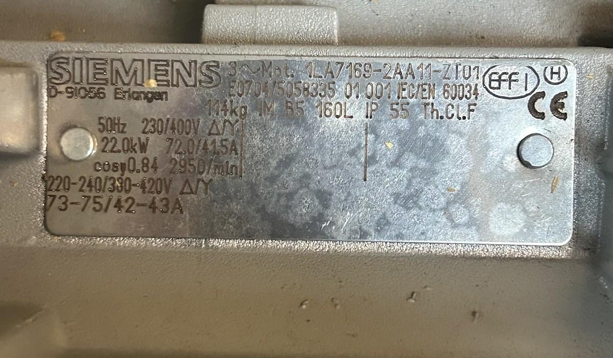 SIEMENS,1LA7169-2AA11-ZT01,MOTOR 22KW 30HP 220-240/330-420V 2950RPM 3PH