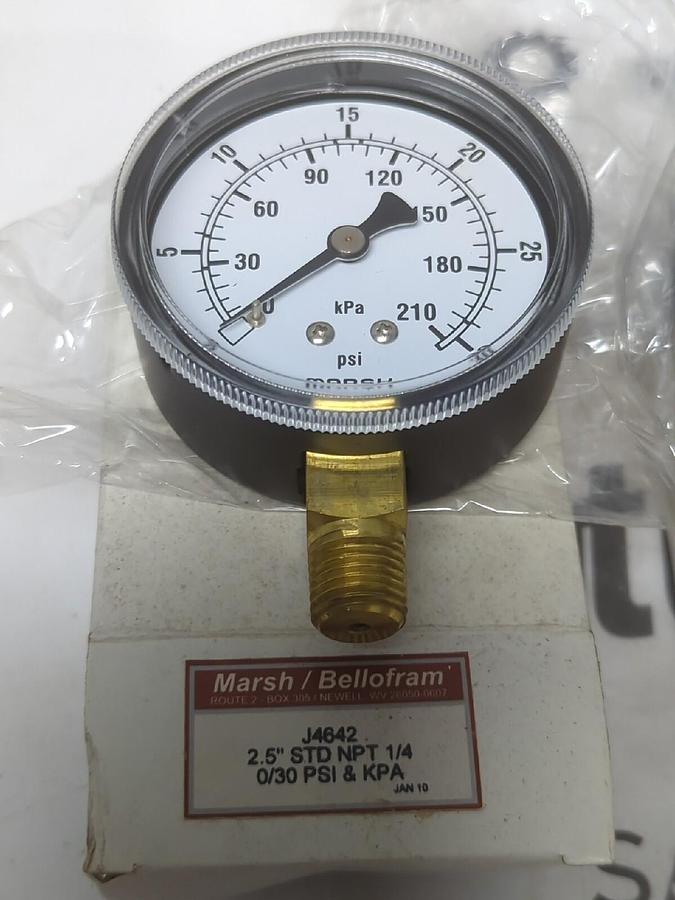 MARSH/BELLOFRAM,J4642,2-1/2 IN STD NPT 1/4 IN 0/30 PSI & KPA  GAUGE LOT OF 2