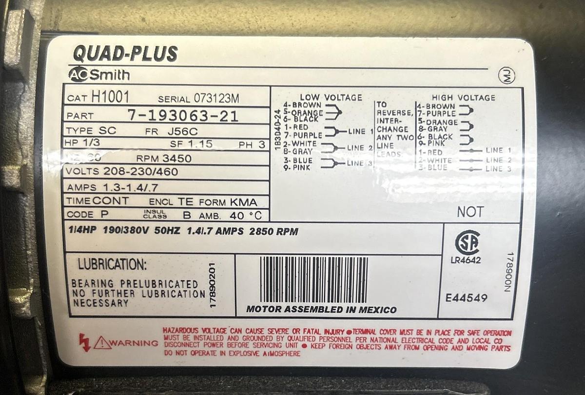 AO SMITH,H1001,MOTOR 1/3HP 3450RPM 208-230/460V 3PH J56C FRAME NOS