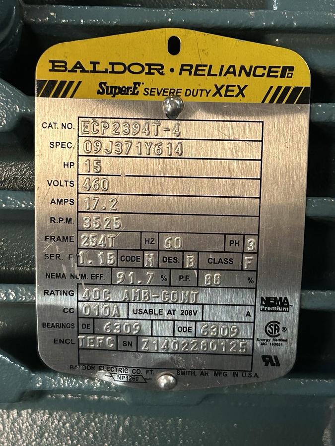 BALDOR,ECP2394T-4,SUPER-E SEVERE DUTY MOTOR 15HP 3525RPM 460V 3PH 254T FR NOS