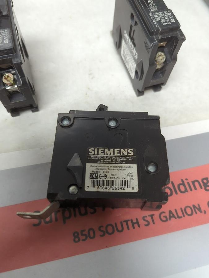 Used SIEMENS,B120,CIRCUIT BREAKER 20 AMP 1-POLE LOT OF 3 PRE-OWNED