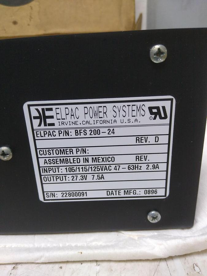 ELPAC,BFS-200-24 -REV.D.,INPUT 105/115/125VAC 47-63HZ 2.9A OUTPUT-27.3V 7.5A POW