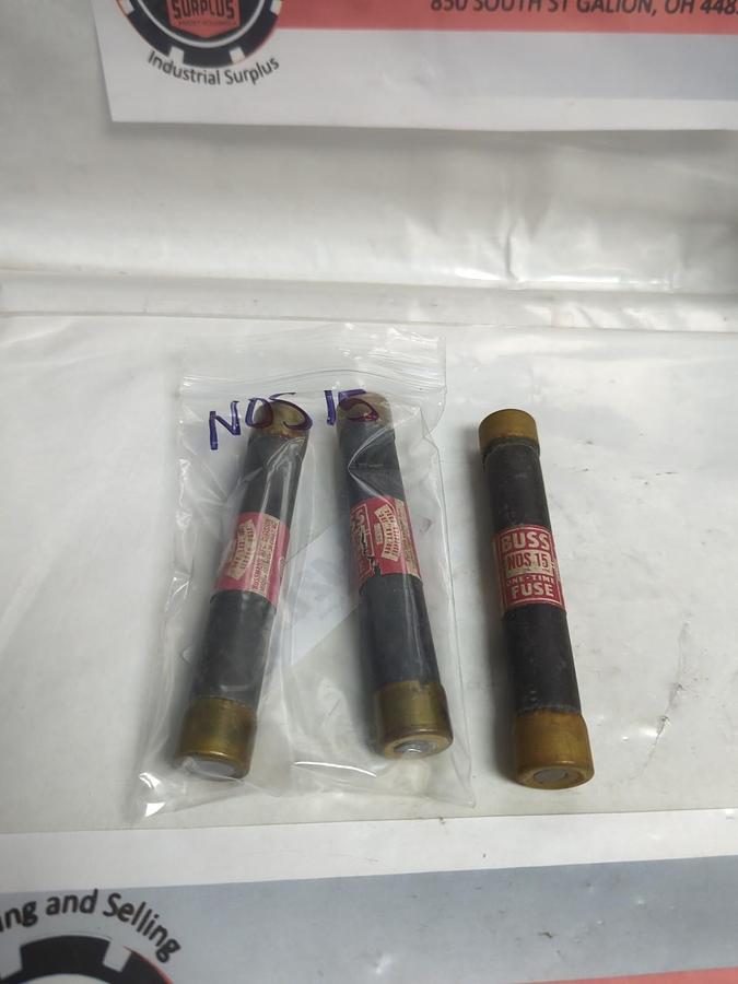 Used COOPER BUSSMANN,NOS-15,ONE-TIME FUSE 15 AMP LOT OF 3 PRE-OWNED