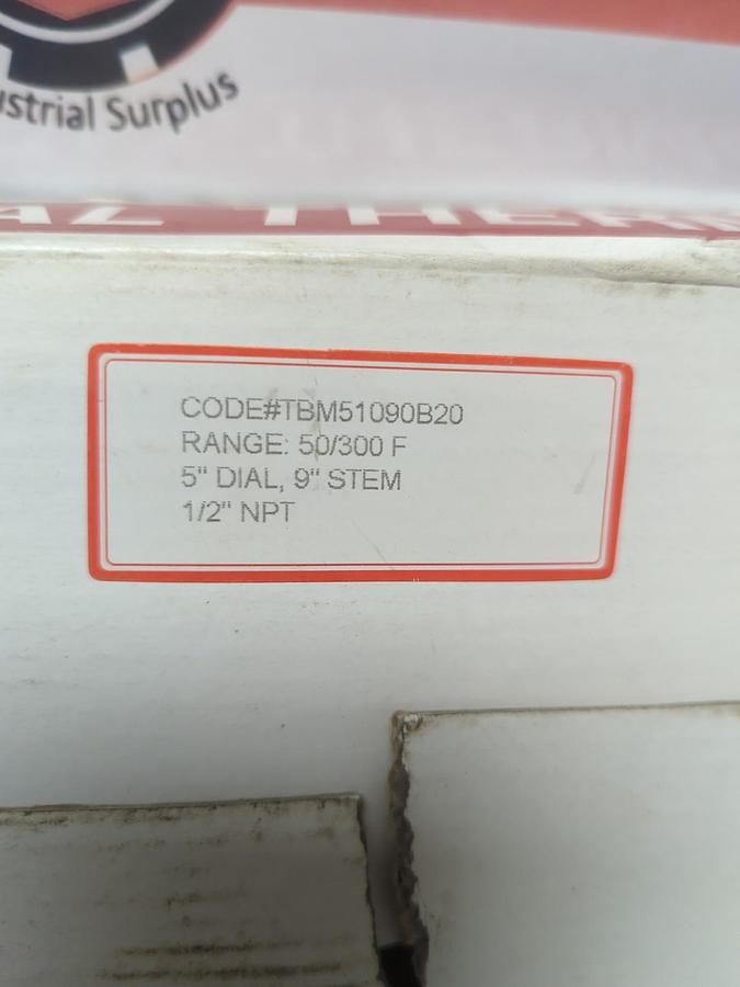 WINTERS,TBM51090B20,BIMETAL THERMOMETER RANGE 50/300F 5"DIAL 9" STEM 1/2" NPT