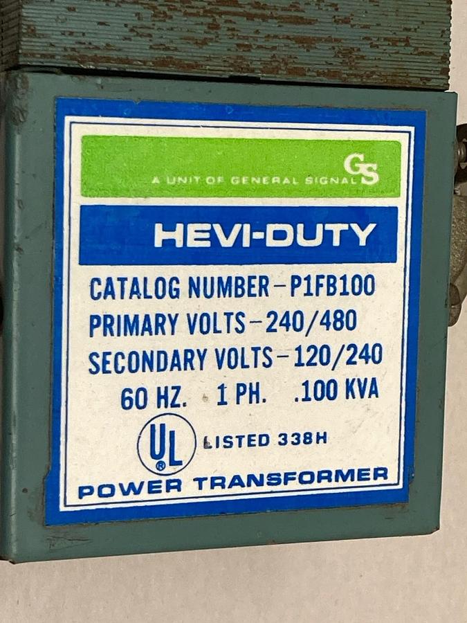 Used Hevi-Duty,P1FB100,1-Phase General Purpose Transformer 240/480V 60Hz 0.100kVa