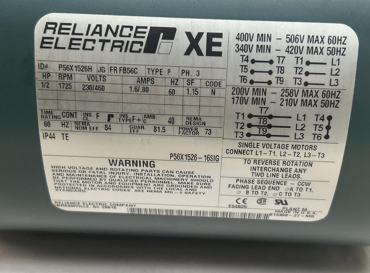 Used RELIANCE ELECTRIC,P56X1526H,MOTOR 1/2HP 1725RPM 230/460V 3PH FB56C FRAME