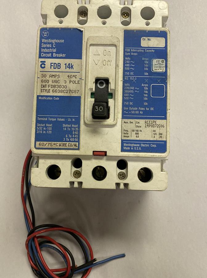WESTINGHOUSE,FDB3030,CIRCUIT BREAKER 30A 600V 3P NOS
