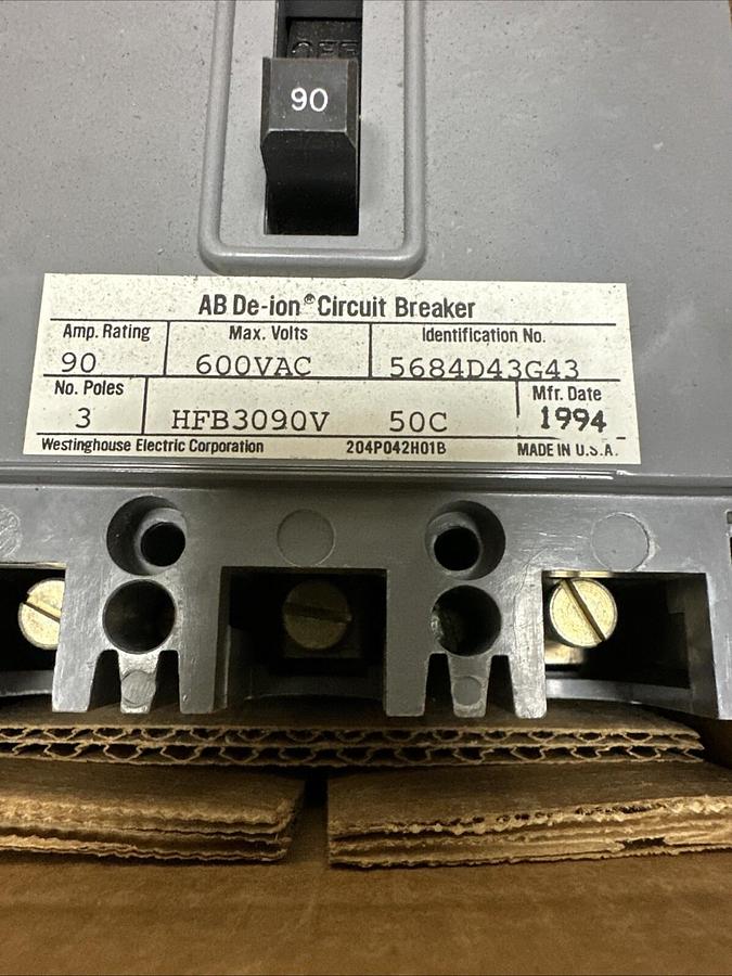 Westinghouse,HFB3090V,Circuit Breaker 90Amp 600VAC 3 Pole