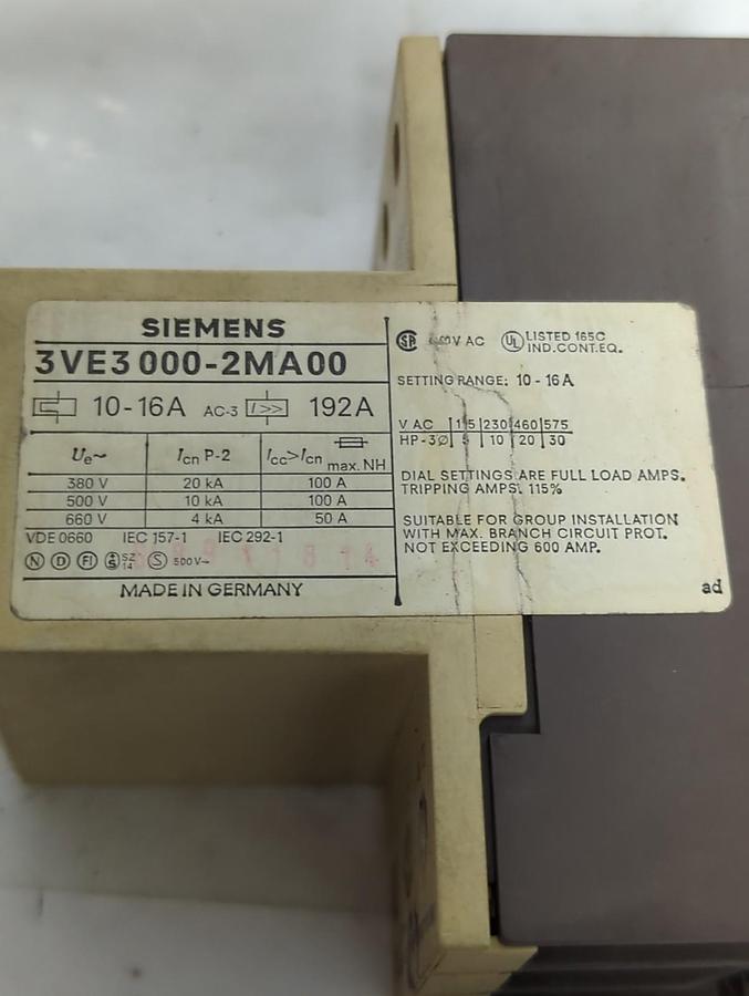 Used SIEMENS,3VE3000-2MA00,CIRCUIT BREAKER 10-16A PRE-OWNED