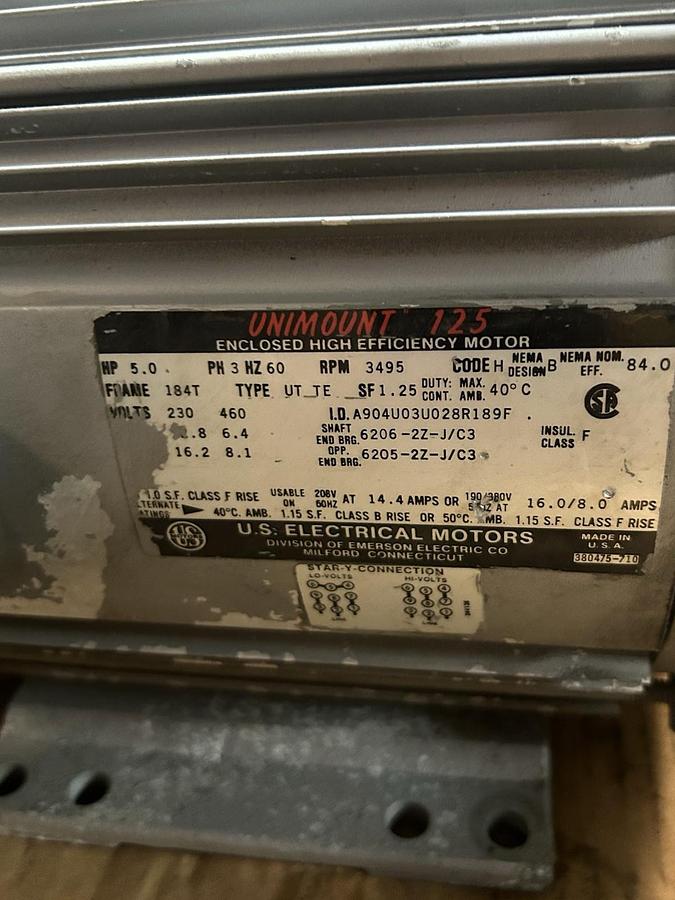 Used US MOTORS,A904U03U028R189F,MOTOR 5HP 230/460V 3495RPM 3PH 184T FRAME