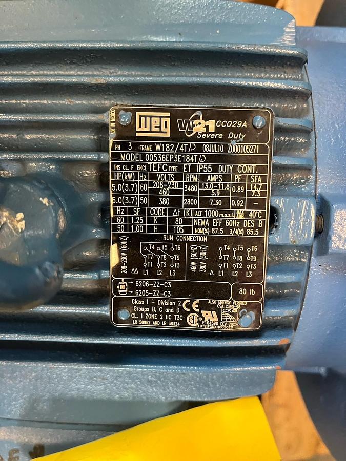 WEG,00536EP3E184TC,W21 SEVERE DUTY MOTOR 5HP 3480RPM 3PH W182TC W184TC