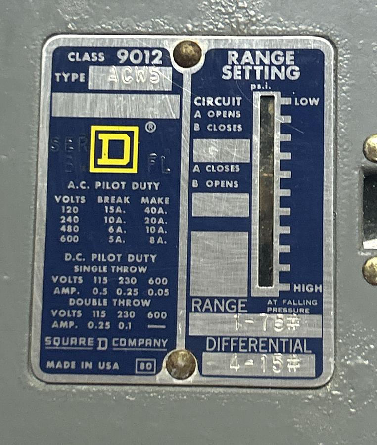 Used SQUARE D,9012ACW5,PRESSURE SWITCH