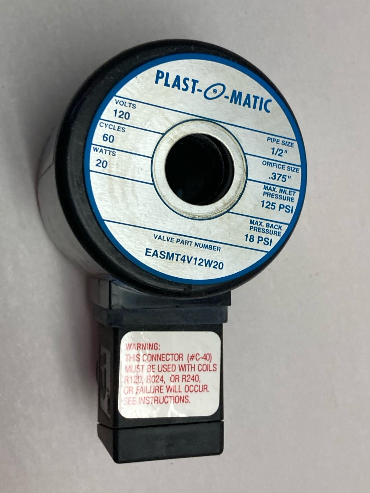 Used Plast-O-Matic,EASMT4V12W20,Valve 120V 60Cy 20W 1/2 Inch Pipe Size