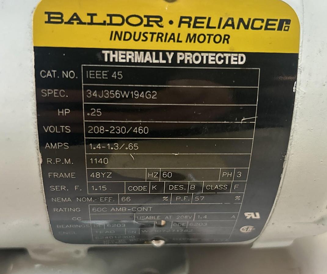 Used BALDOR,IEEE45,MOTOR 1/4HP 1140RPM 208-230/460V 3PH 48YZ FRAME