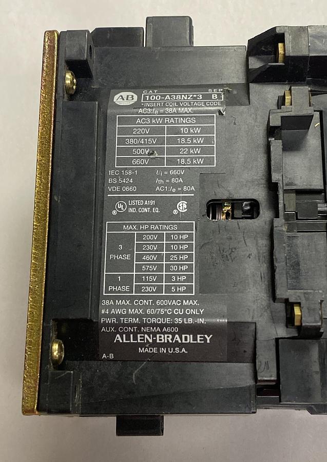 Used ALLEN BRADLEY,100-A38NZ*3,SER B CONTACTOR 38A 600V
