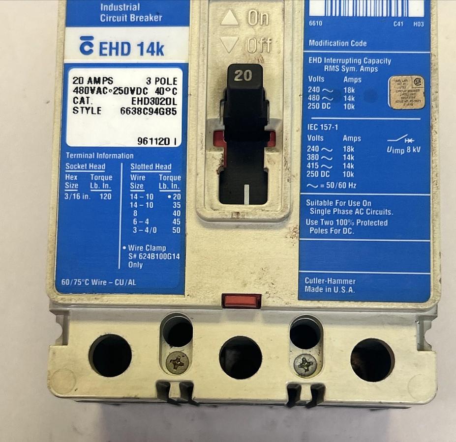 Used CUTLER-HAMMER,EHD3020L,CIRCUIT BREAKER 20A 480V 3P