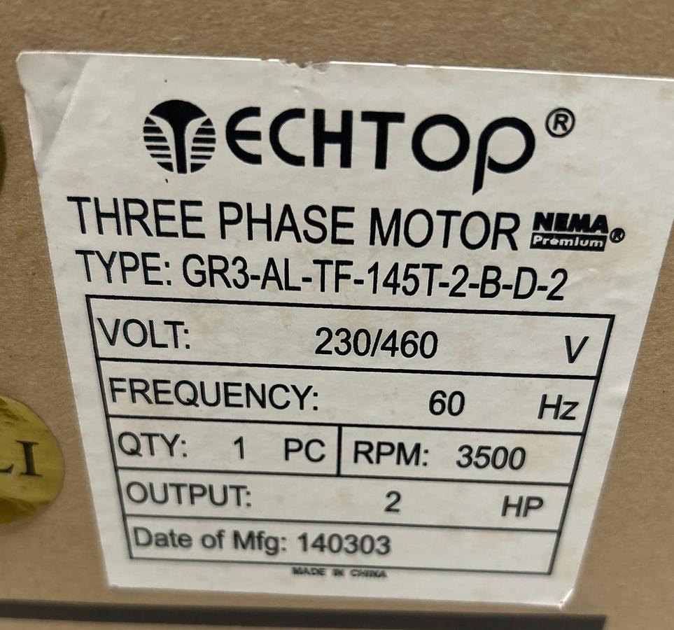 Used TECHTOP,GR3-AL-TF-145T-2-B-D-2,MOTOR 2HP 3500RPM 230/460V 3PH 145 FRAME NEW