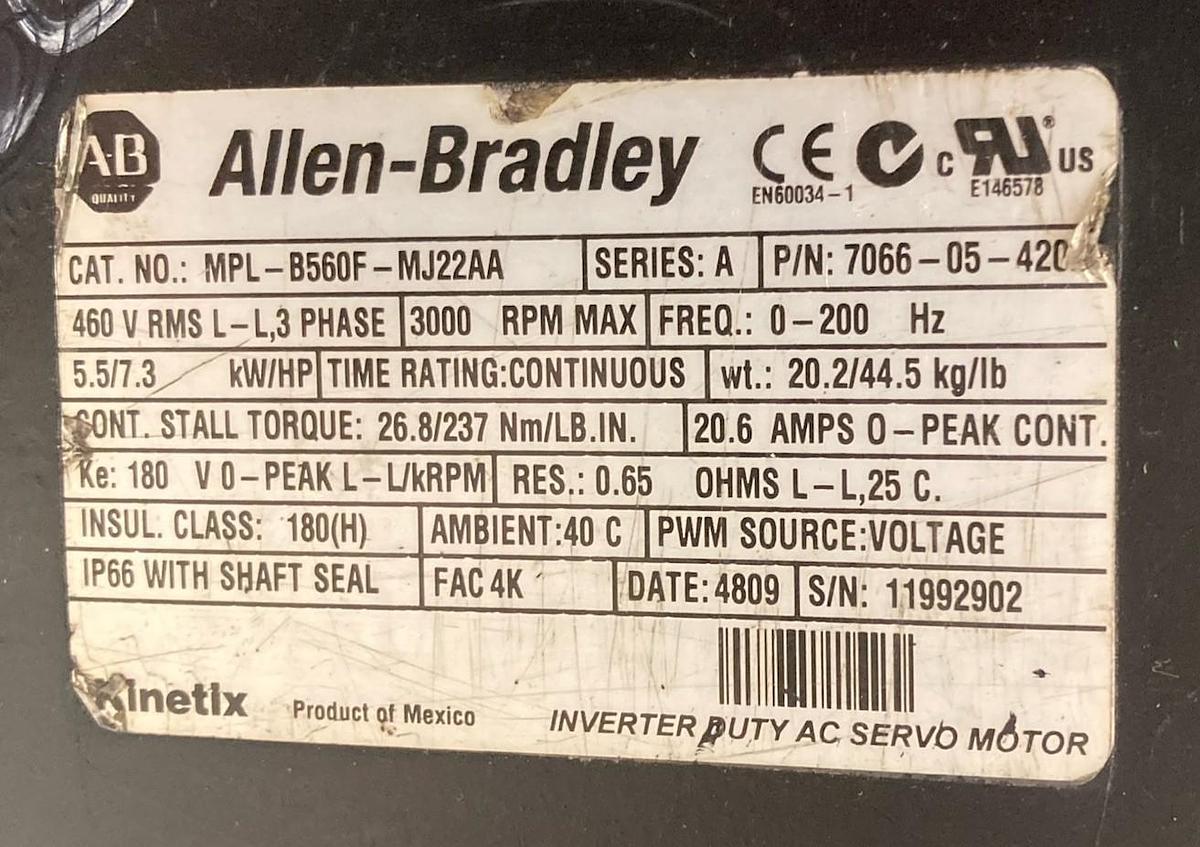Used Allen-Bradley,MPL-B560F-MJ22AA,Servo Motor
