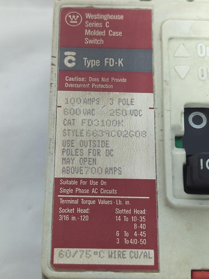 Used WESTINGHOUSE,FD3100K,CIRCUIT BREAKER 100 AMP 3-POLE PRE-OWNED