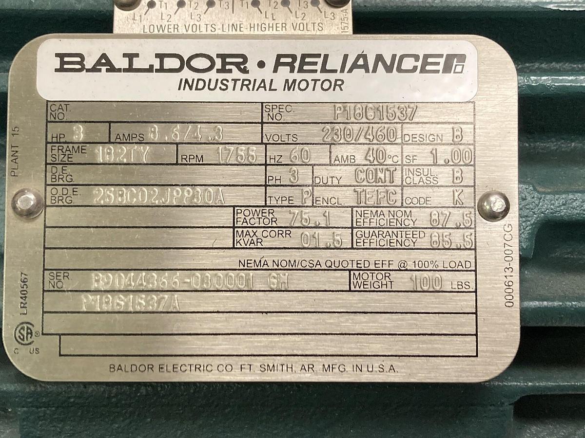 Baldor Reliance,P18G1537,3 HP Motor 1755 RPM  230/460 Volts  182TY Frame
