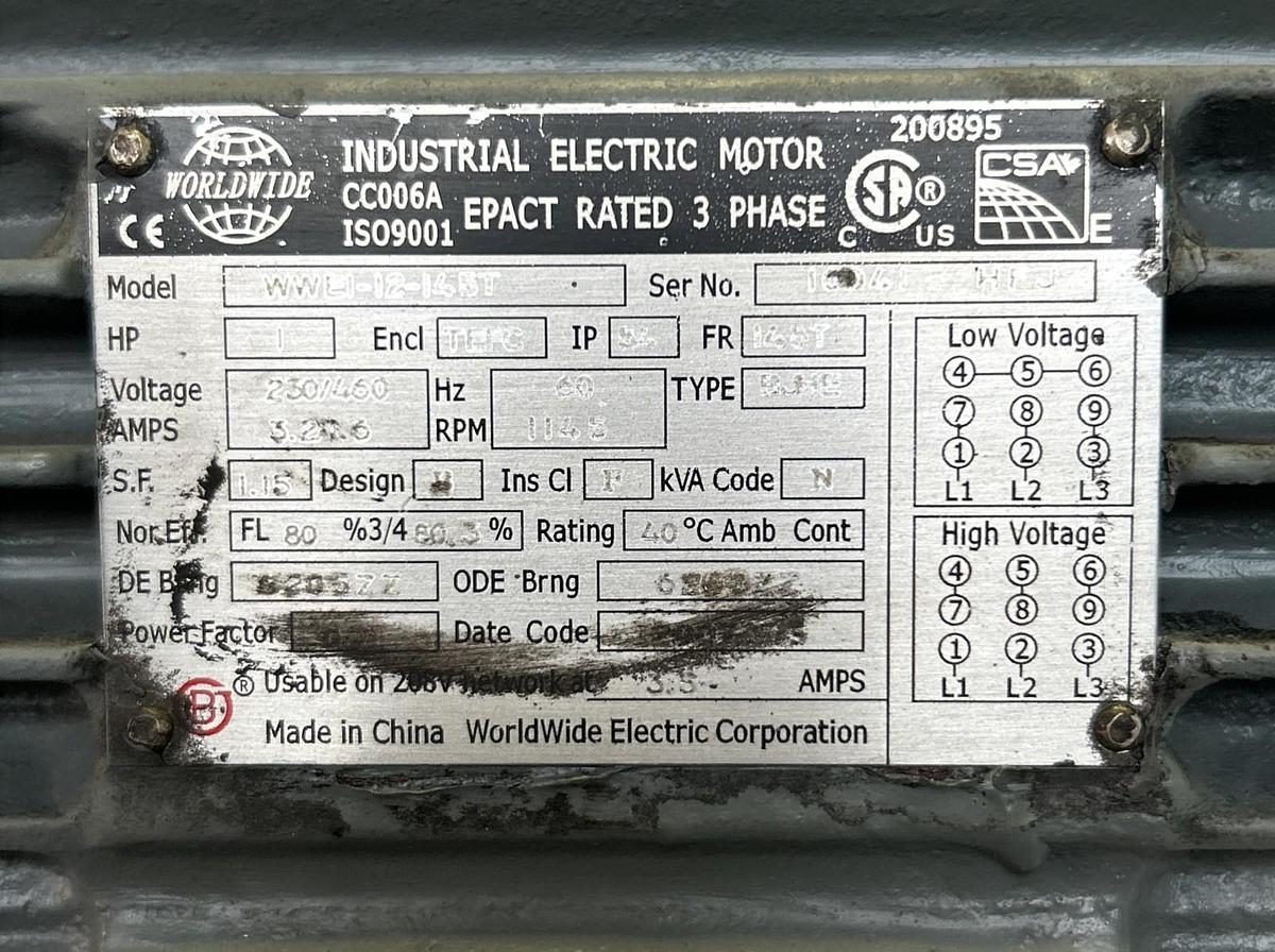 Used WORLDWIDE,WWEI-12-145T,ELECTRIC MOTOR 1HP 1145RPM 230/460V 145T FRAME