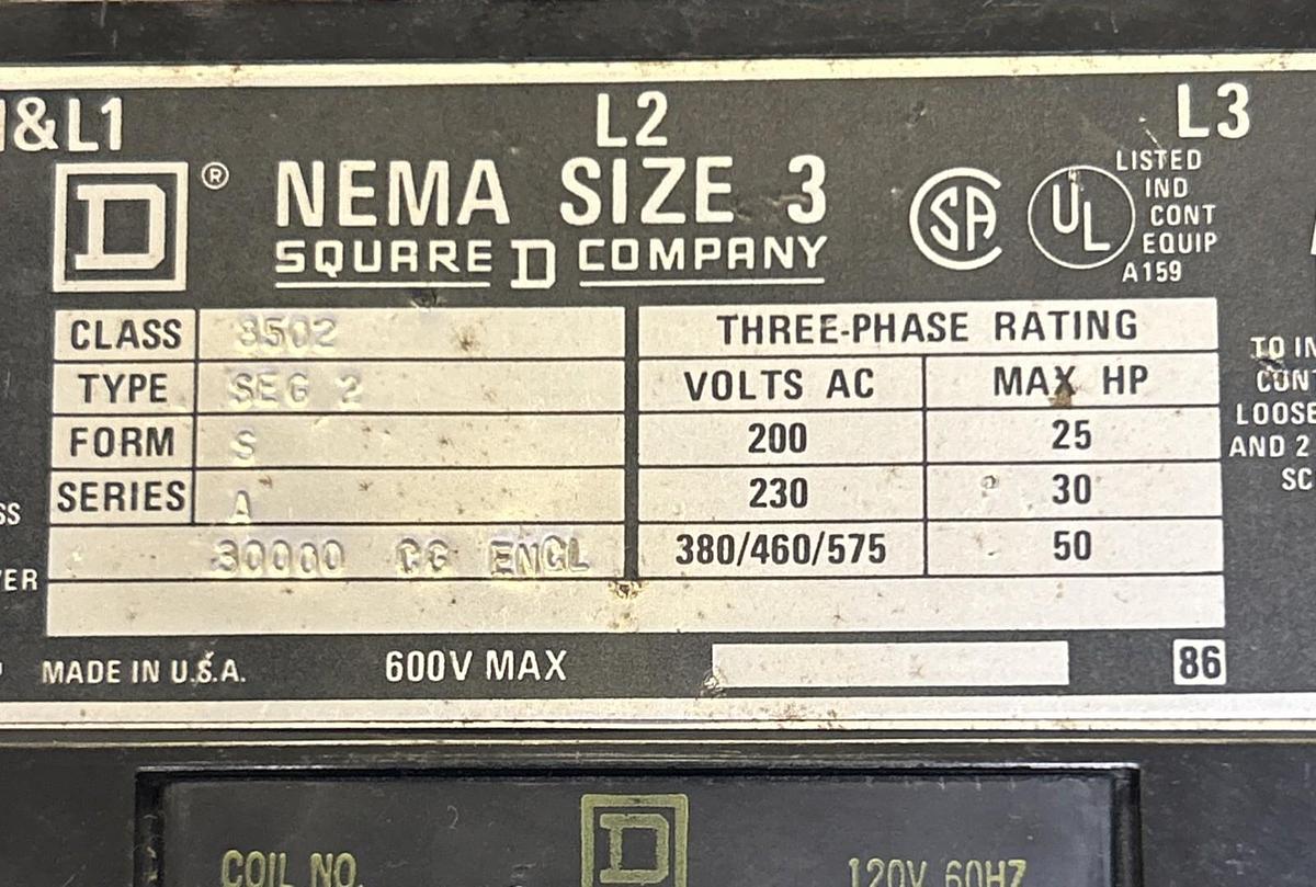 Used SQUARE D,8502SEG2,CONTACTOR SIZE 3 600V