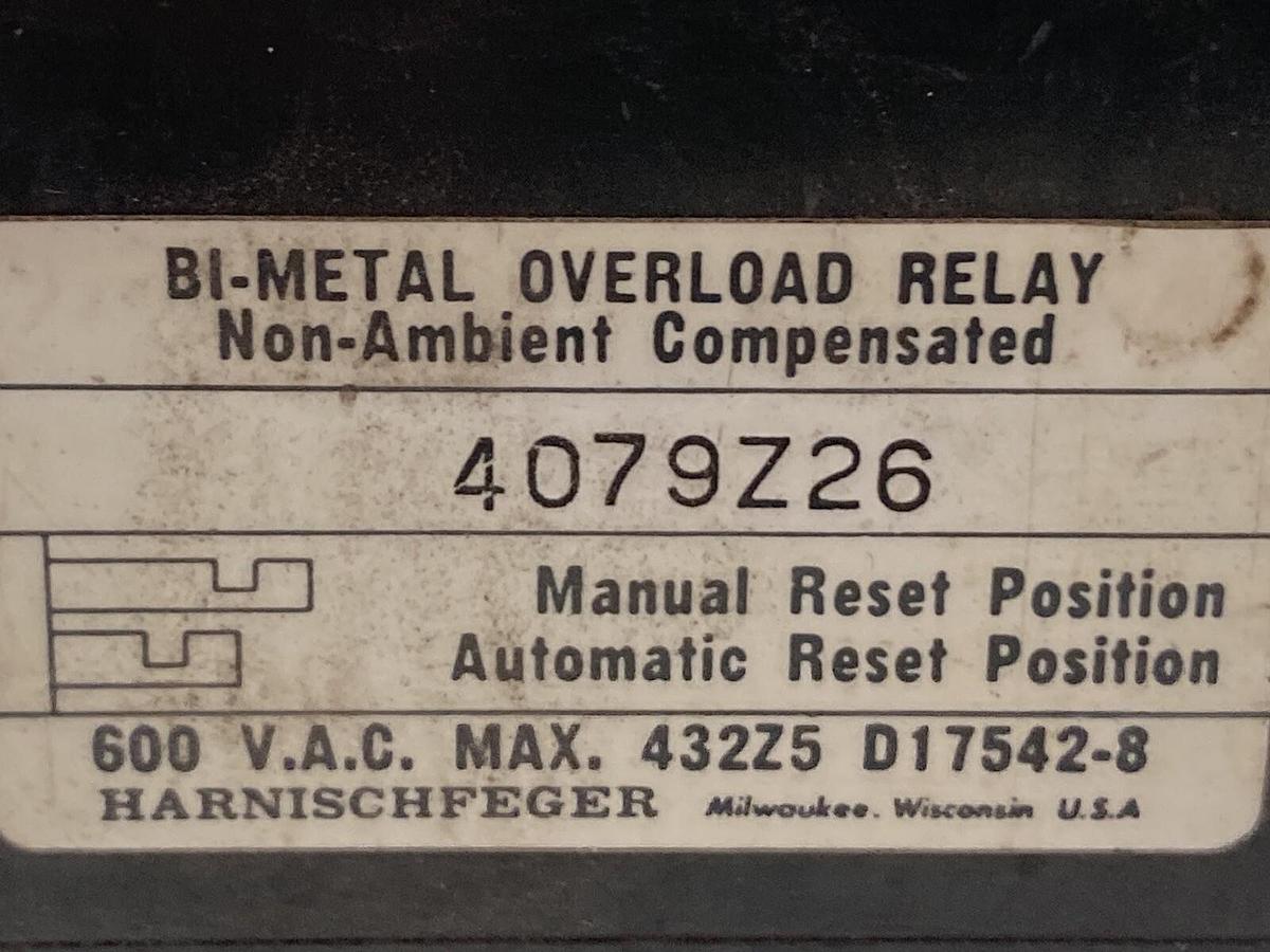 Used Harnischfeger,4079Z20,Overload Relay 600VAC