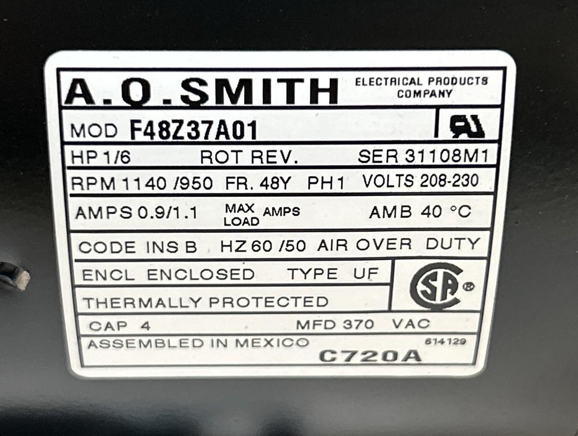 AO SMITH,F48Z37A01,MOTOR 1/6HP 1140/950RPM 208-230V 48Y FRAME NOS