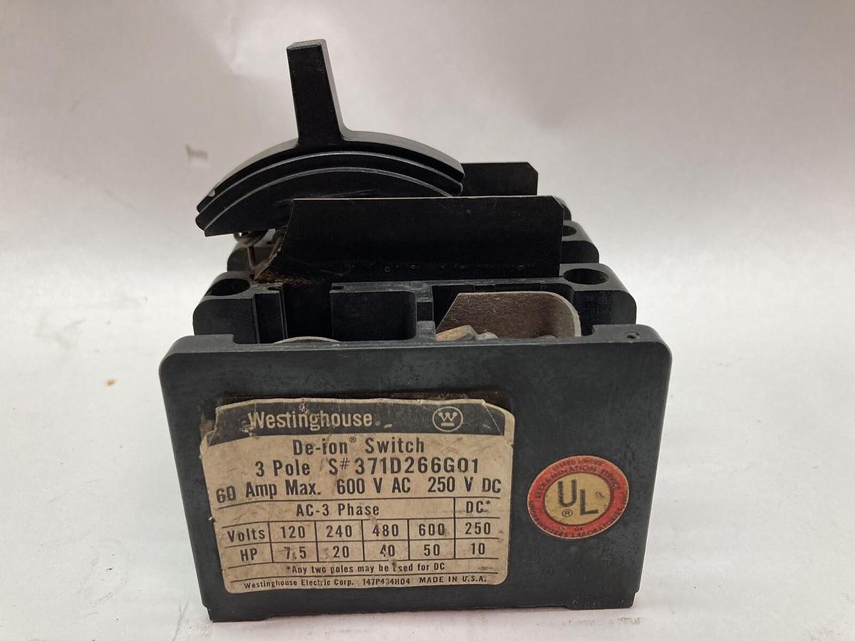 Used Westinghouse,371D266G01,3-Pole De-Ion Switch 60A 600VAC 250VDC