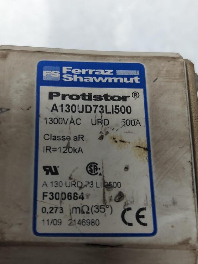 Used FERRAZ SHAWMUT,A130UD73LI500,PROTISTOR FUSE 500A 1300VAC PRE-OWNED