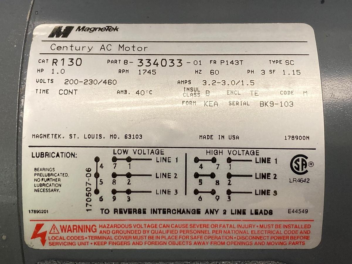 Used Magnetek,R130,1Hp AC Motor 1745RPM 200-230/460 P143T Frame