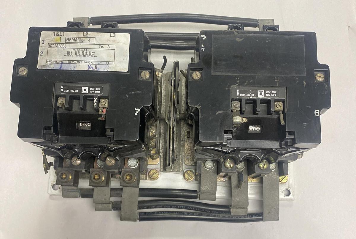 Used SQUARE D,8702SF03S1,SER A SIZE 4 REVERSING CONTACTOR 600V