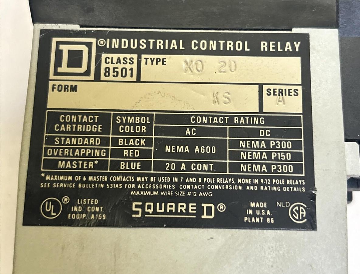 Used SQUARE D,8501X020,INDUSTRIAL CONTROL RELAY