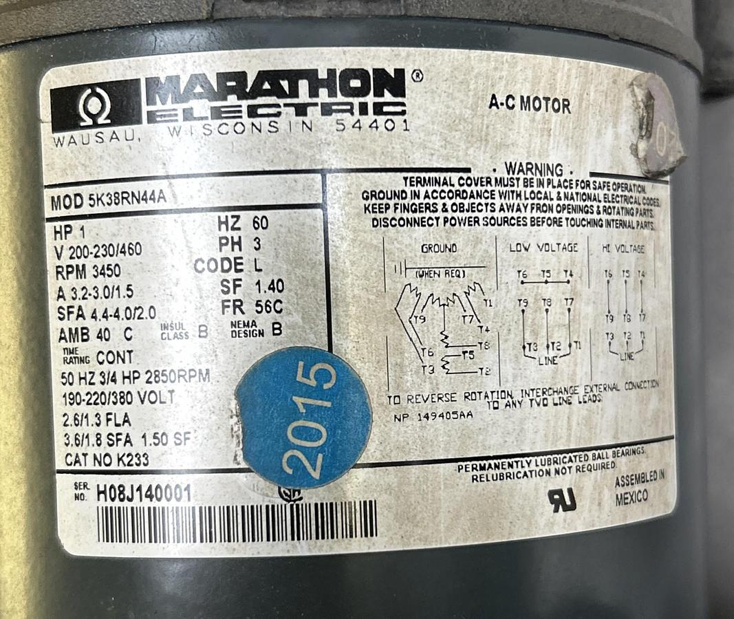 Used MARATHON,5K38RN44A,MOTOR 1HP 3450RPM 200-230/460V 3PH 56C FRAME