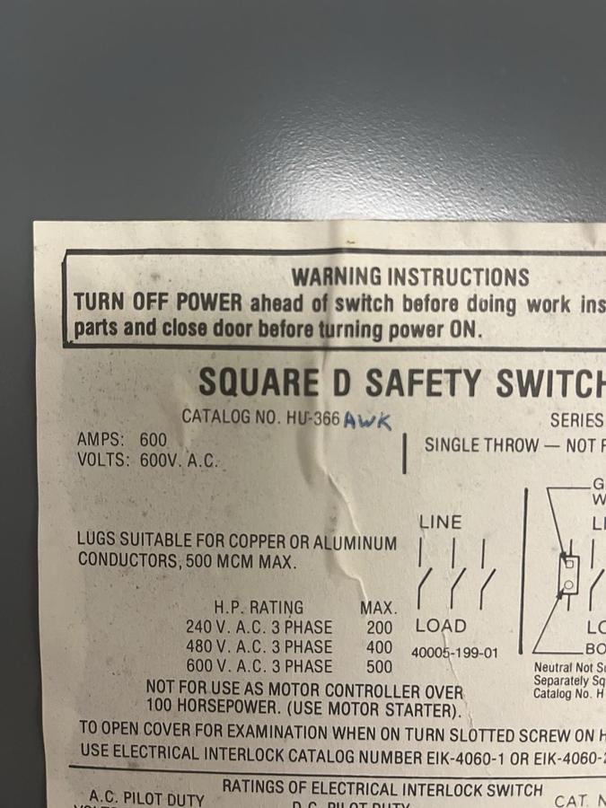 Used SQUARE D,HU366,SAFETY DISCONNECT NON FUSIBLE SWITCH 600A 600V 500HP
