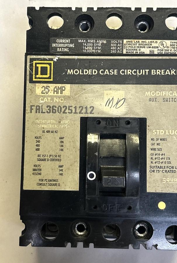 Used SQUARE D,FAL360251212,CIRCUIT BREAKER 25A 600V 3P