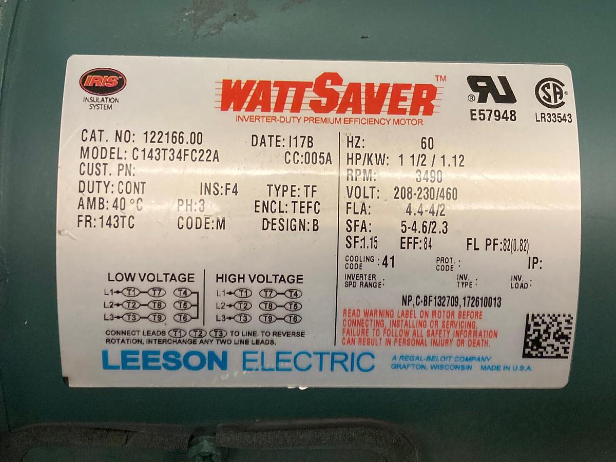 Watt Saver,C143T34FC22A,1-1/2hp Electric Motor 3490RPM 208-230/460Volts 143TC