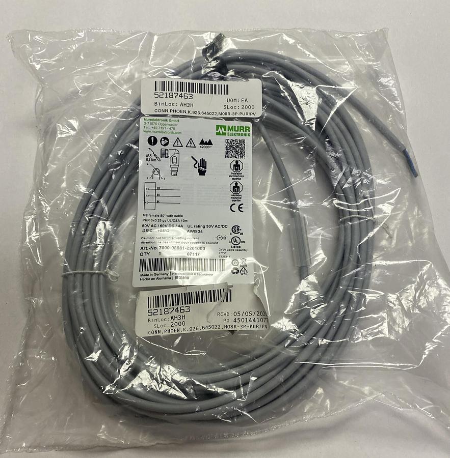 Used MURR ELEKTRONIK,7000-08081-2201000 M8, FEMALE 90° WITH CABLE NEW