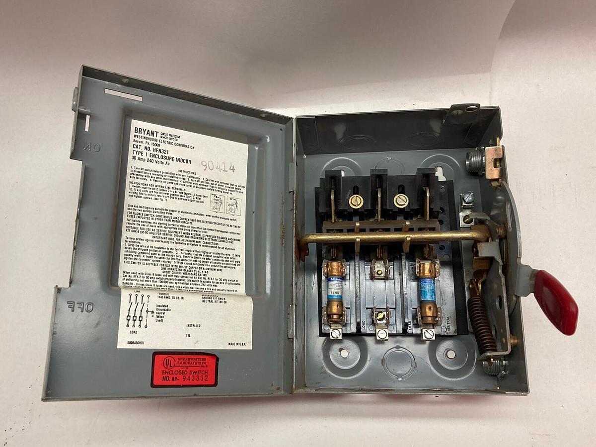 Used Westinghouse,HFN321,Indoor Disconnect Safety Switch 30 Amp 240AC Volts