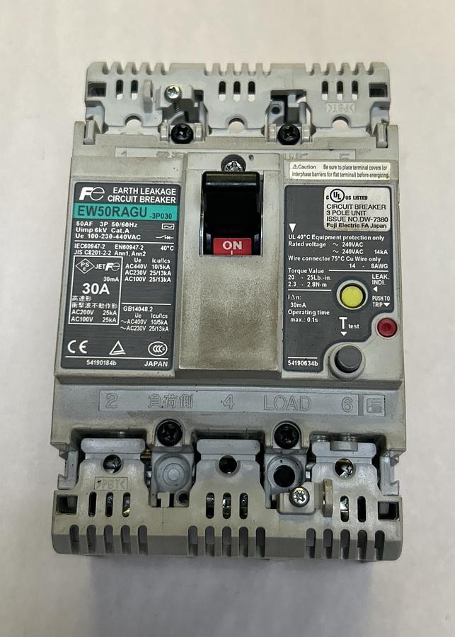 Used FUJI ELECTRIC,EW50RAGU-3P030,EARTH LEAKAGE CIRCUIT BREAKER 30A 440V 3P