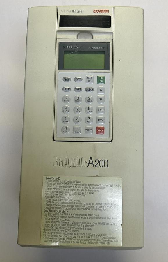 Used MITSUBISHI,FR-A240-0.75K-UL,AC DRIVE 380-460VAC 1HP W/ FR-PU2E-1 PARAMETER UNIT