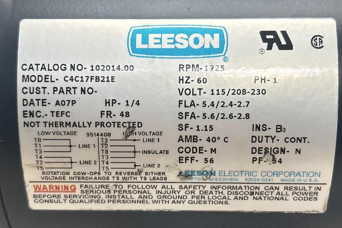 Used LEESON,102014.00,ELECTRIC MOTOR 1/4HP 1725RPM 48 FR 115/208-230V